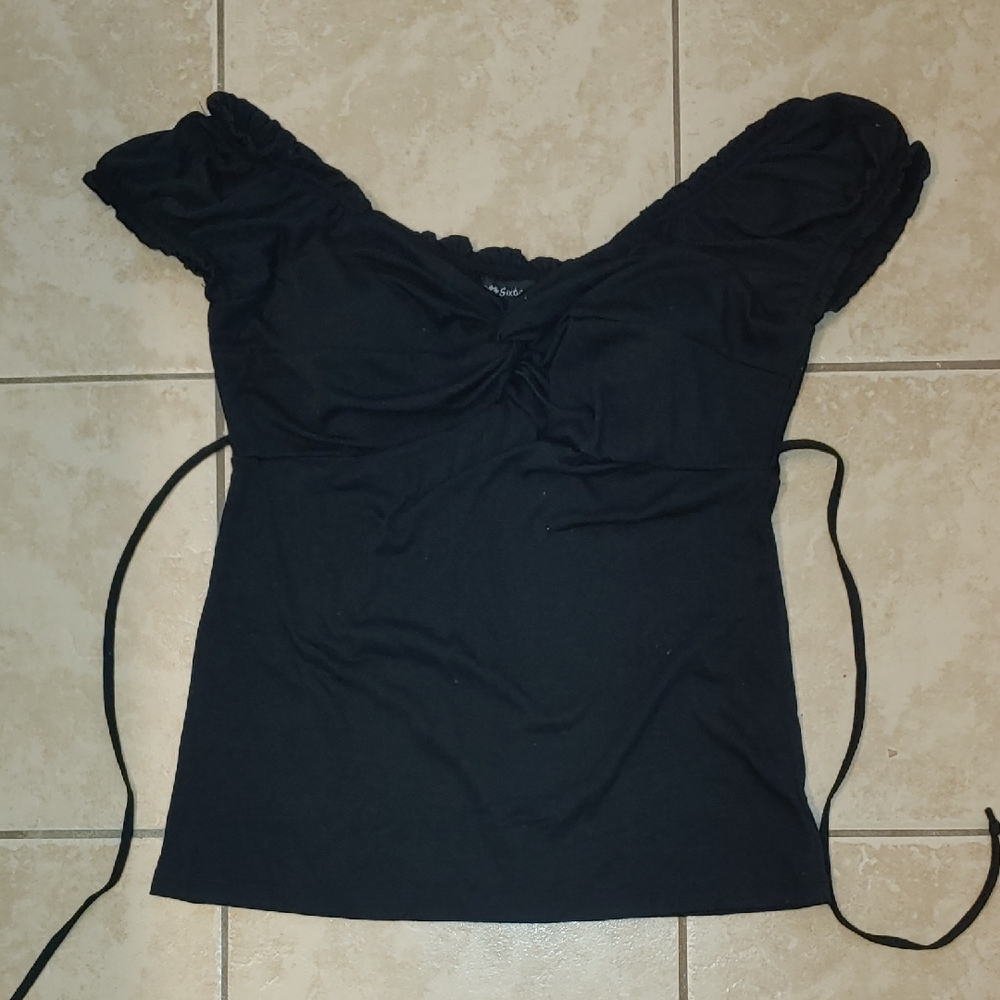 VTG Black Puff Sleeve Sweet Heart Neckline Shirt With Tie Women's Size M